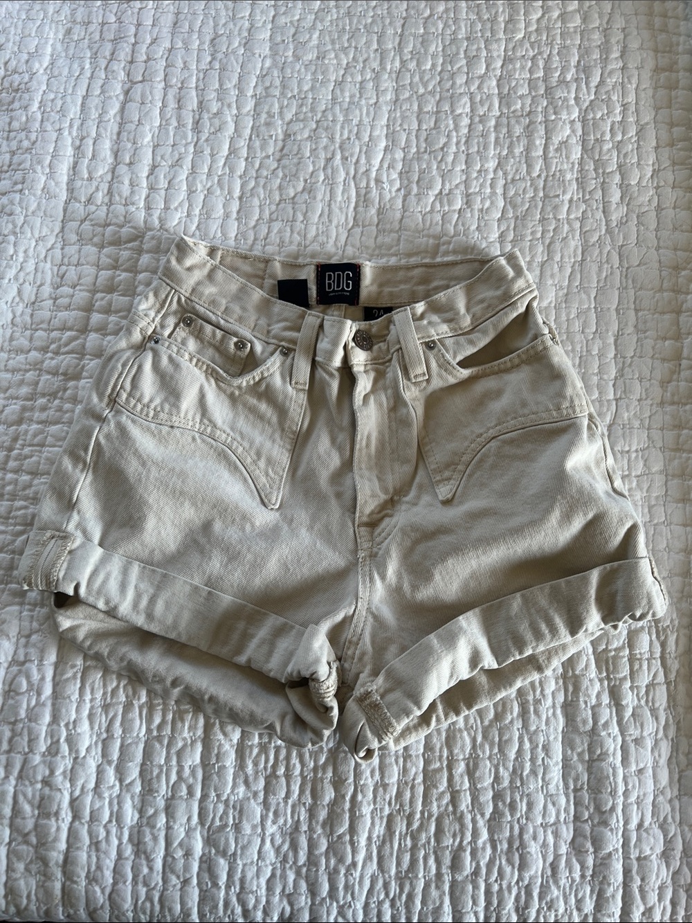 BDG Cream High-Rise Rolled Hem Denim Shorts